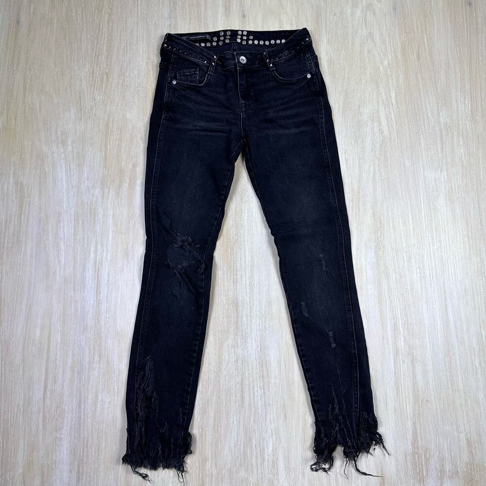 Zara Black Distressed Ripped Spike Stud Frayed Hem Mid Rise Skinny Jeans 2